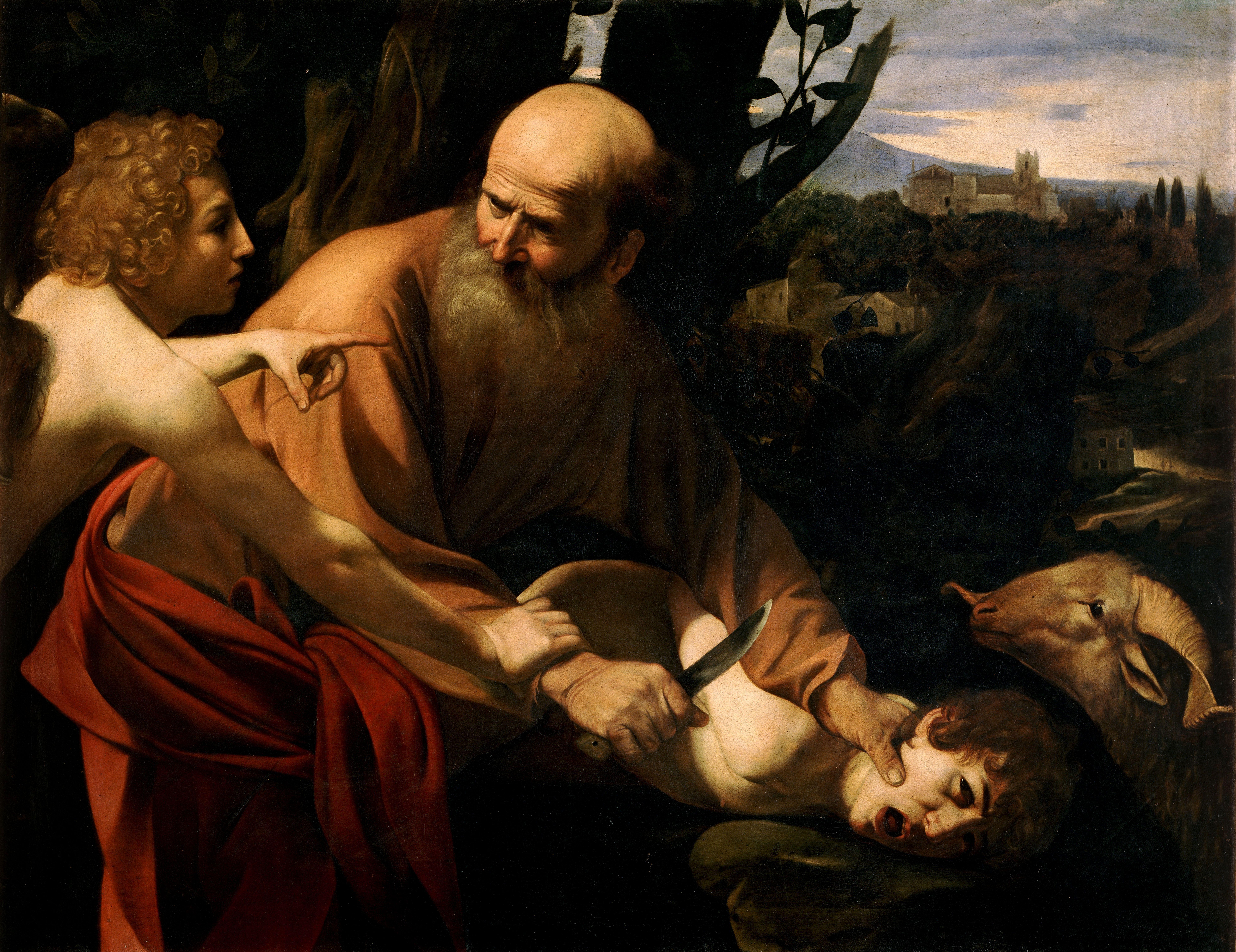 Caravaggio, Sacrifice of Isaac, 1603, the angel staying Abraham's hand as the knife is raised over Isaac on Mount Moriah