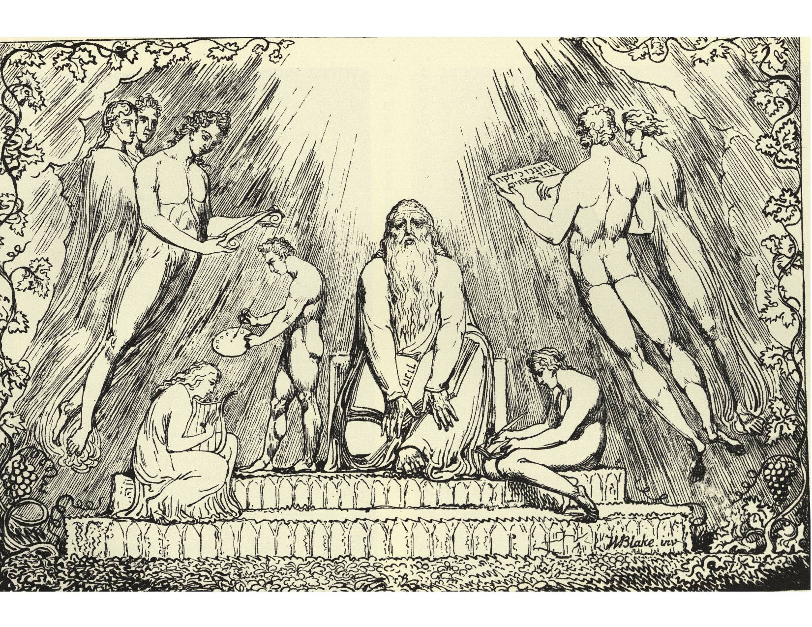 William Blake, Enoch, 1807, lithograph illustrating Genesis 5:24, Enoch seated with three figures, one holding a scroll, one a tablet