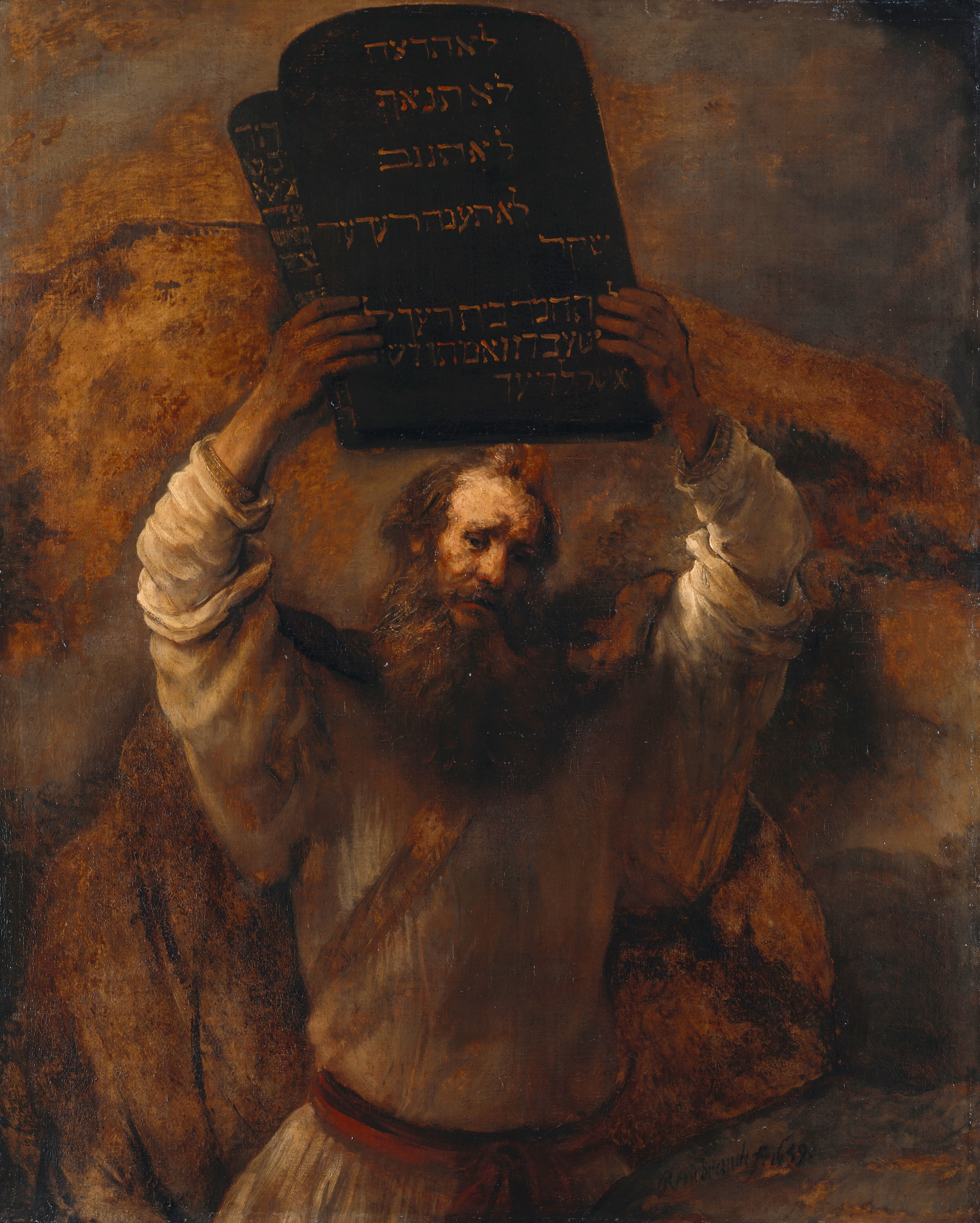 Rembrandt, Moses with the Ten Commandments, 1659, oil on canvas, Moses lifting the two stone tablets above his head
