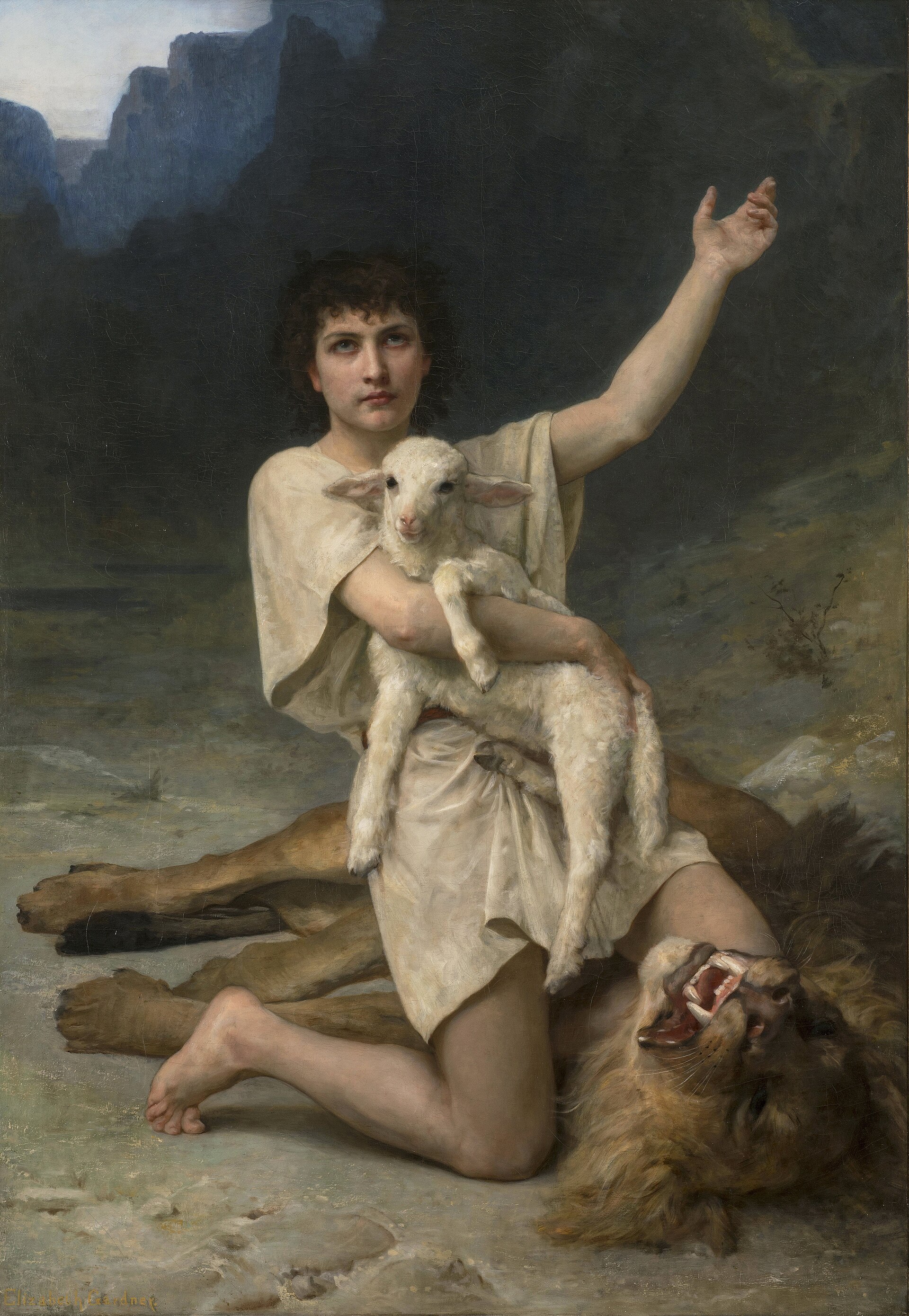 Elizabeth Jane Gardner, The Shepherd David, about 1895. The young David kneels over a slain lion, holding a rescued lamb in one arm and lifting his other hand toward heaven